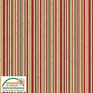 This fabric has green, red and gold stripes on a beige background with outlines of gold stars. Perfect holiday blender! 100% Cotton, 44/5"