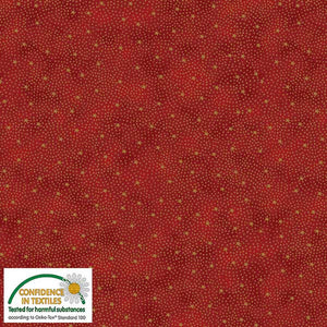 This fabric is Christmas red with gold dots and tiny stars. Dots create a swirl illusion.  Perfect holiday blender! 100% Cotton, 44/5"