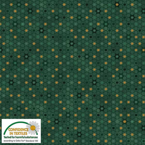 This fabric is Christmas green with gold stars. Star outlines make this fabric a little bit geometric. Great blender for holiday projects! 100% Cotton, 44/5"