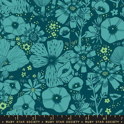 Beautiful Teal floral on a navy background.  Designed by Sarah Watts for Ruby Star Society. 44" wide.  Made in Japan