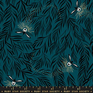 Beautiful metallic firefly on a dark leafy background.  Designed by Sarah Watts for Ruby Star Society. 44" wide.  Made in Japan