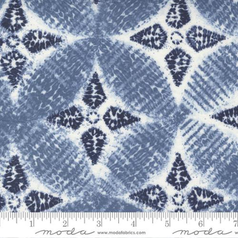 Moda 100% cotton - 44"-45" wide. Designed by Debbie Maddy - Tochi made in Japan, This fabric is inspired by Japanese Shibori and features different shapes in indigo, white and light blue. Beautiful fabric that would make an exceptional quilt!