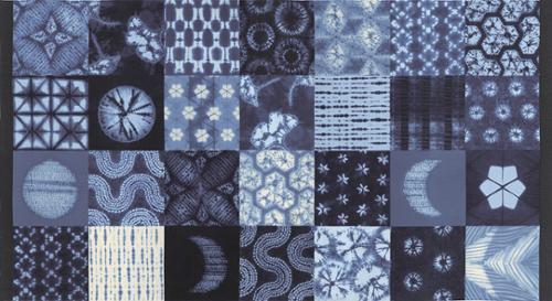 Moda 100% cotton - 44"-45" wide. Designed by Debbie Maddy - Tochi made in Japan, Shibori patchwork inspired fabric featuring indigos and white.