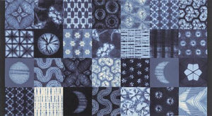Moda 100% cotton - 44"-45" wide. Designed by Debbie Maddy - Tochi made in Japan, Shibori patchwork inspired fabric featuring indigos and white.