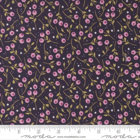 This pretty floral fabric is from Moda, designed by Sweetfire Road for the Wild Meadow collection. This fabric is a pretty plum color background with tiny pink bud flowers tossed all over with green stems and leaves. There are also teeny tiny little white stars all around the flowers! This fabric would look great with the other two from this collection! 