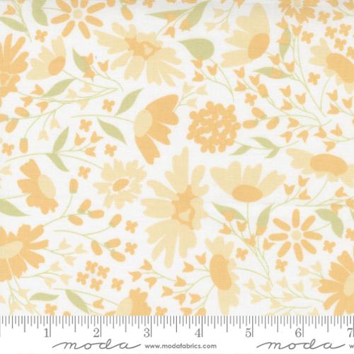 Thie beautiful floral fabric is light and whimsical. Yellow and orange flowers with green leaves on a bright white background. This fabric would make an adorable dress or be beautiful in a quilt.