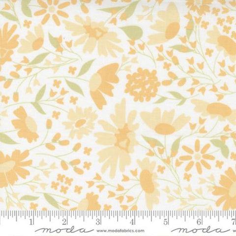 Thie beautiful floral fabric is light and whimsical. Yellow and orange flowers with green leaves on a bright white background. This fabric would make an adorable dress or be beautiful in a quilt.