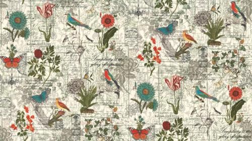 This fabric is covered in birds, butterflies, flowers and Victorian style drawings and writing. This is a beautiful fabric that resembles an antique horticulturists notebook. Vibrant colors over a beige and grey background. Great addition to any project. 100% cotton 43"/44" wide. 