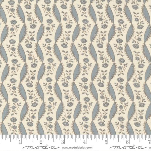 This fabric is covered in traditional little blue flowers with blue ribbon vertical stripes. This design is over an ivory background. 