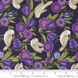 This fabric is covered in light brown/grey birds perched on violet flowers with green leaves. The flowers are bright and bold and are a great compliment to the dark violet background. Great addition to any project. 100% cotton 43"/44" wide. 