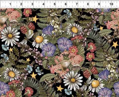 This fabric is from In the Beginning and is designed by Jason Yenter. This collection is a little bit reminiscent of the 90s. This fabric is a floral toss with stars, mushrooms, dragonflies and butterflies around the background. The flowers are all different colors ranging from blues, to pinks to white and purple. Black background makes the details pop. 