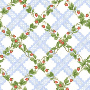 This strawberry lattice fabric is from Henry Glass Studio by Jane Shasky. This fabric has lace lattice and vine lattice over a white background. This would make adorable kitchen accessories or even garments! The strawberries are small and cute. 