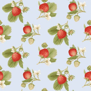 This strawberry fabric is from Henry Glass Studio by Jane Shasky. This fabric has a bunch of strawberries with sprigs and leaves over a light blue background. This would make adorable kitchen accessories or even garments! The strawberries are small and cute. 