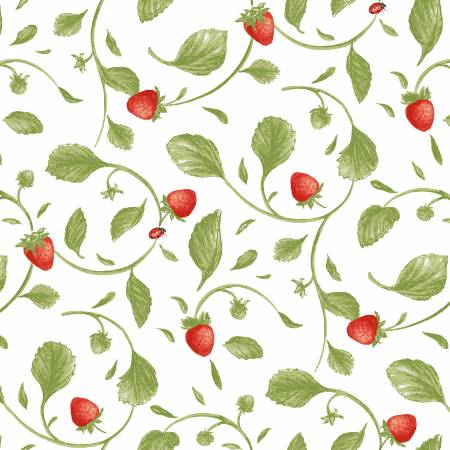 Vintage Strawberries on White Cotton Blend fabric by the Half Yard 18 x 45