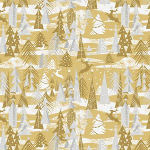 Holiday Village by Whistler Studios Collection.  Gold reindeer in a silver and gold forest.  100% Cotton, 44/5".