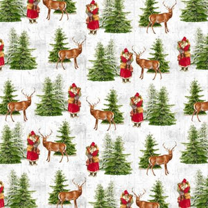 Comfort & Joy by Whistler Studios Collection for Windham Fabrics.  Retro Santa with gifts, reindeer and pine trees on a white ground.  100% Cotton, 44/5"