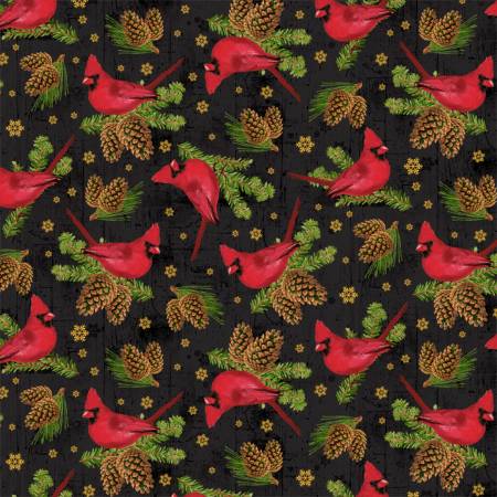 Comfort & Joy by Whistler Studios Collection for Windham Fabrics. Classic red cardinal on a pine tree with pine cones.  Black ground.  100% Cotton, 44/5".