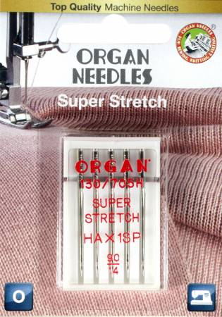 Organ brand Super Stretch ball point needles with special eye for highly elastic materials. Snake head shape alleviates making holes & scarf avoids skipped stitches.
