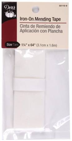 Dritz Iron-On Mending Tape can be used to repair tears, worn areas or holes in fabric items. It is also great to use as reinforcement or for decorative applications and is machine washable and dry cleanable. The easy iron-on application means no sewing and allows for quick repairs. This package contains 1 count of mending tape, size 1in x 64in in white color.