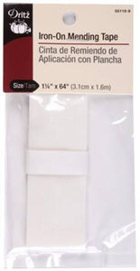 Dritz Iron-On Mending Tape can be used to repair tears, worn areas or holes in fabric items. It is also great to use as reinforcement or for decorative applications and is machine washable and dry cleanable. The easy iron-on application means no sewing and allows for quick repairs. This package contains 1 count of mending tape, size 1in x 64in in white color.
