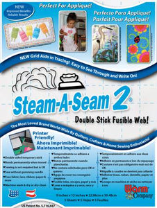 Steam A Seam 2 double stick fusible web. Pressure sensitive on both sides for a temporary hold to both the applique and background materials: pieces stay in place and are repositionable until fused with an iron. Once fused, the bond is permanent and machine washable and dryable. Lite is made especially for sheer and light weight fabrics and regular for use with heaver fabric, paper, cardboard, wood and glass beads.