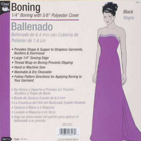 Dritz Boning provides shape and support to strapless garments such as bustiers, swimwear, theatrical costumes, evening wear and soft toys. This boning can be sewn on by hand or machine. Features a 5/8in polyester covering over 1/4in boning, with a 1/4in edge to allow for sewing into garment. Machine washable, tumble dry and can be dry cleaned.