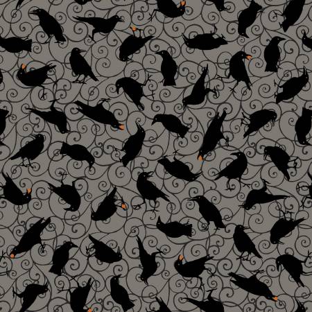 Black, scattered crows and swirls on a grey background.  From the Spooky Night Collection by Grace Popp for Studio E.  100% Cotton, 44/5"
