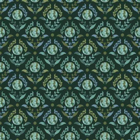We love the Earth!! This fabric is covered in small earths surrounded by leaves. Pretty soft colors that go with many things! We have 2 other fabrics in stock from this collection. Super soft hand.