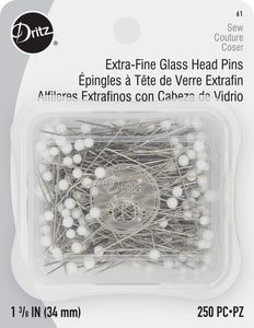 Nickel plated steel. Use for delicate fabrics and machine piecing. Glass heads are heat resistant. Extra-Fine .5 mm shaft.