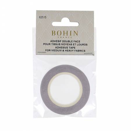 Bohin Double Face Adhesive Tape, 1/4 in. wide x 8 yards. For medium and heavy fabric, this double sided adhesive tape can be sewn through without gumming up your needle. Perfect for holding together seams, hems, edges etc. before stitching. Can be used on clothing; great for home, sewing or crafting.