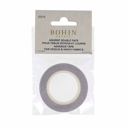 Bohin Double Face Adhesive Tape, 1/4 in. wide x 8 yards. For medium and heavy fabric, this double sided adhesive tape can be sewn through without gumming up your needle. Perfect for holding together seams, hems, edges etc. before stitching. Can be used on clothing; great for home, sewing or crafting.