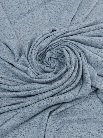 ﻿This is a heathered brushed sweater knit that is 58" wide. It is a rayon blend with polyester, rayon and lycra. The color is an icy heathered blue and has a 4 way stretch that is 70% selvage to selvage. IT has a fuzzy hand and is super cozy. 