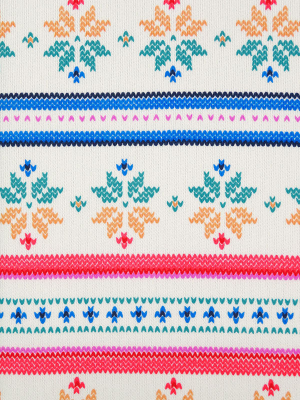 This fabric is perfect for some cozy pajamas! Horizontal snowflake stripe brushed sweater knit that is 62" wide. Bright colors with a fun design. Polyester/Lycra blend. Horizontal stripe is 9" vertical x 2" horizontal repeat. 4-way stretch 60% selvage to selvage. This fabric is a lighter weight fabric, so it falls closer to the body. Would be great for a matching pj set. 