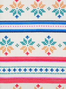 This fabric is perfect for some cozy pajamas! Horizontal snowflake stripe brushed sweater knit that is 62" wide. Bright colors with a fun design. Polyester/Lycra blend. Horizontal stripe is 9" vertical x 2" horizontal repeat. 4-way stretch 60% selvage to selvage. This fabric is a lighter weight fabric, so it falls closer to the body. Would be great for a matching pj set. 