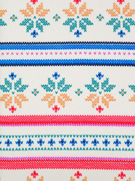 This fabric is perfect for some cozy pajamas! Horizontal snowflake stripe brushed sweater knit that is 62" wide. Bright colors with a fun design. Polyester/Lycra blend. Horizontal stripe is 9" vertical x 2" horizontal repeat. 4-way stretch 60% selvage to selvage. This fabric is a lighter weight fabric, so it falls closer to the body. Would be great for a matching pj set. 