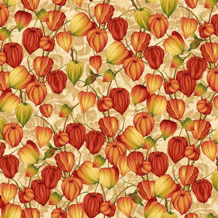 This fabric is covered in Chinese lanterns. They look just like pumpkins and are the perfect fall colors. Oranges, yellows, reds and greens. Add this to any of your fall projects for a fun and bright addition. 100% Cotton, 44/5".