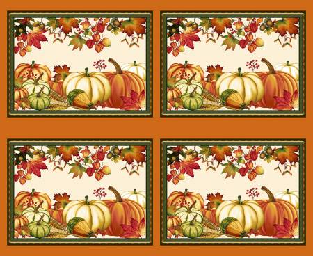 This pumpkin placemat panel is covered in plump pumpkins in oranges and yellows. Pair it with the "Pumpkin Plaid" for a cohesive look. 100% Cotton, 44/5".