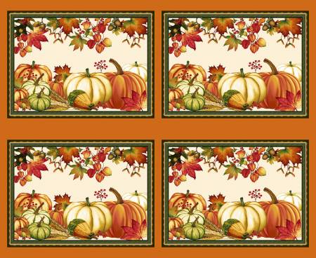 This pumpkin placemat panel is covered in plump pumpkins in oranges and yellows. Pair it with the "Pumpkin Plaid" for a cohesive look. 100% Cotton, 44/5".