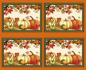 This pumpkin placemat panel is covered in plump pumpkins in oranges and yellows. Pair it with the "Pumpkin Plaid" for a cohesive look. 100% Cotton, 44/5".