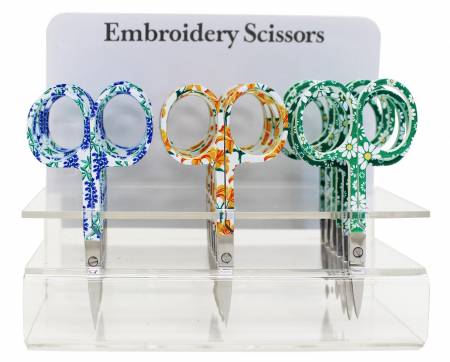 Embroidery Scissors Counter Display. Printed handles with assorted designs. Fine tipped straight blades, perfect for cutting threads