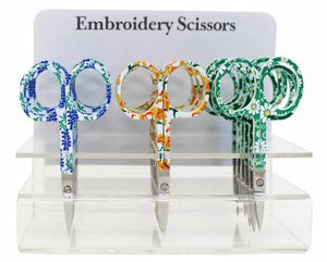 Embroidery Scissors Counter Display. Printed handles with assorted designs. Fine tipped straight blades, perfect for cutting threads