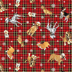 Assorted dogs and snowflakes on a plaid background.  Snow Dog Express by Geoff Allen Collection 100% Cotton, 44/5".