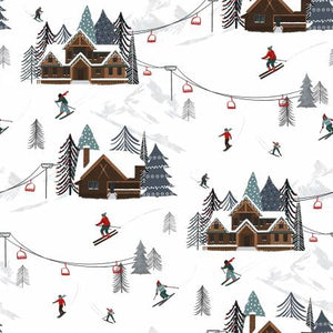 This winter scenic fabric is from Studio E. Covered in a white ski slope scene with tiny skiers, snowboarders, gondolas and ski lodges. This is such a cute wintertime fabric! 