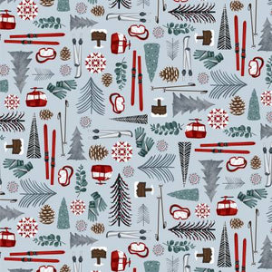 This winter scenic fabric is from Studio E. Covered in all skiing accessories over a blue grey background. The reds, whites and greys make the accessories pop! This is such a cute wintertime fabric. Make a quilt for your ski trips! 