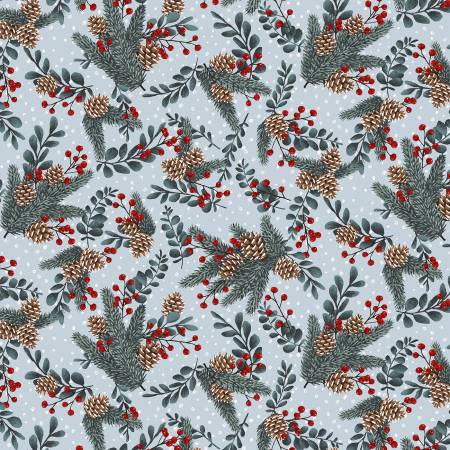 This winter fabric is covered in blue pine boughs with berries and snow. Great for mixing with holiday blenders, this fabric has mainly muted colors with a pop of red. This is such a cute wintertime fabric. 