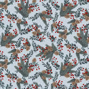 This winter fabric is covered in blue pine boughs with berries and snow. Great for mixing with holiday blenders, this fabric has mainly muted colors with a pop of red. This is such a cute wintertime fabric. 