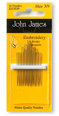 John James Embroidery hand sewing needles, Size 3/9. Embroidery sewing needles are sometimes referred to as Crewel Needles. Embroidery needles are the same as a Sharp sewing needle sewing needle and they have a sharp point. However, they have a long, extra large eye, which makes which makes threading the needle so much easier when using multiple strands of stranded cotton embroidery thread.