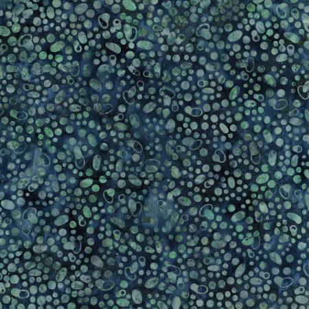 Bali Rainfall Collection.  Soft blue and pale green organic dots on a dark blue background.  100% Cotton, 43/44in