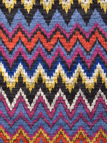 ﻿This sweater knit is a horizontal jagged zig zag stripe that is 58" wide. The fabric is colorful and soft. This is a polyester blend, 85% polyester/10% rayon/ 5% spandex. 4 way stretch, 80% selvage to selvage. This is a light weight fabric, so the fabric will hang closer to the body. Great for sweaters, sweatshirts, pjs and joggers. 