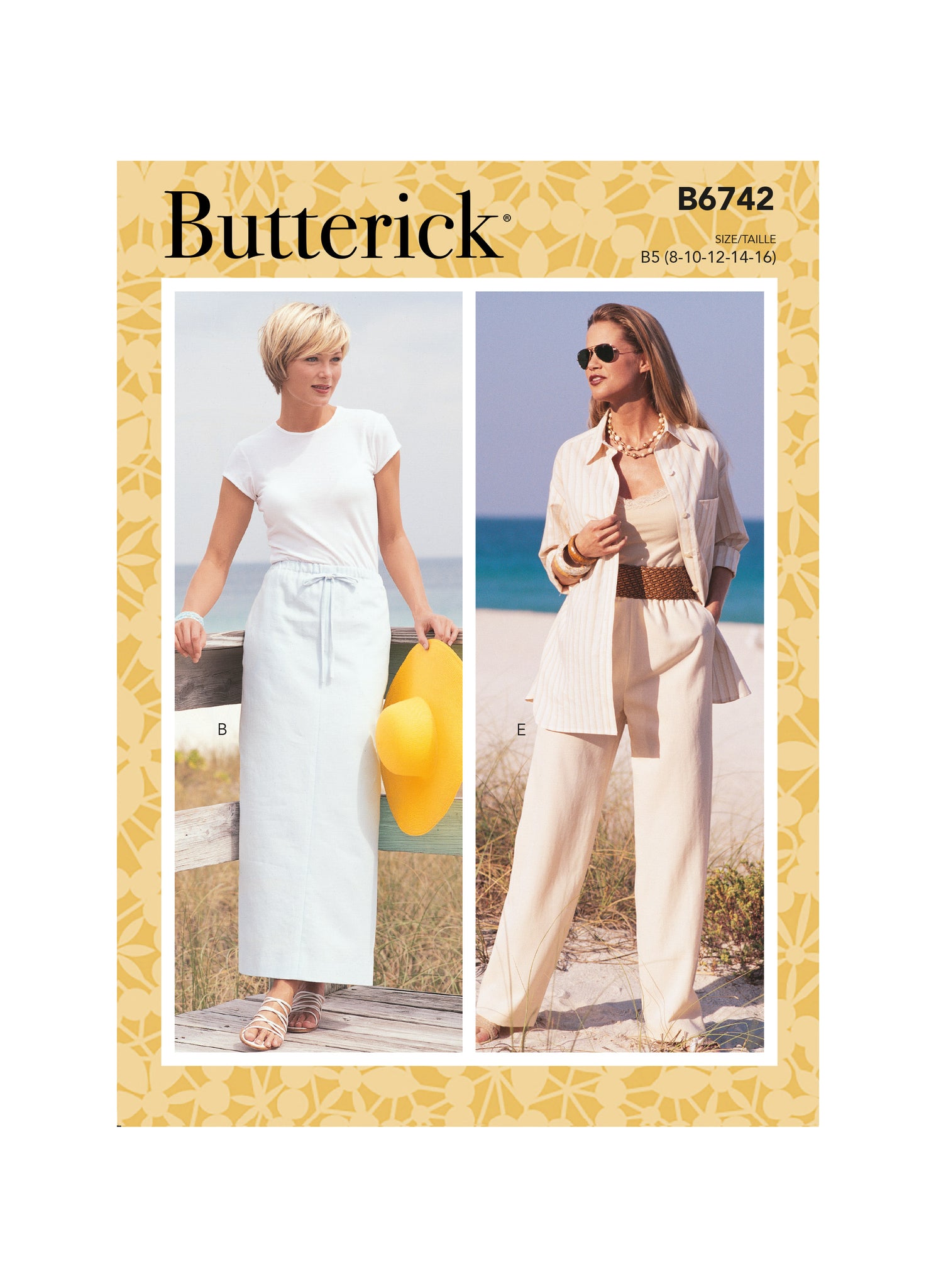 Straight skirt or straight leg, loose-fitting shorts and pants have elastic waist, attached ties, side pockets and stitched hem. A: Below-knee, side slits. B: Above ankle, back slit. C: Above mid-knee. D: Above ankle. Purchased top.  Very Easy.    This pattern is size 8-10-12-14-16